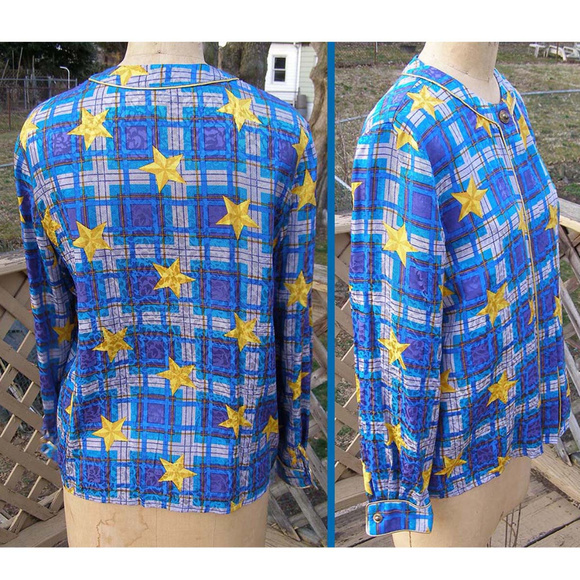 Vintage sz8 Adrianna Papell SILK blouse Star Print - Picture 2 of 8